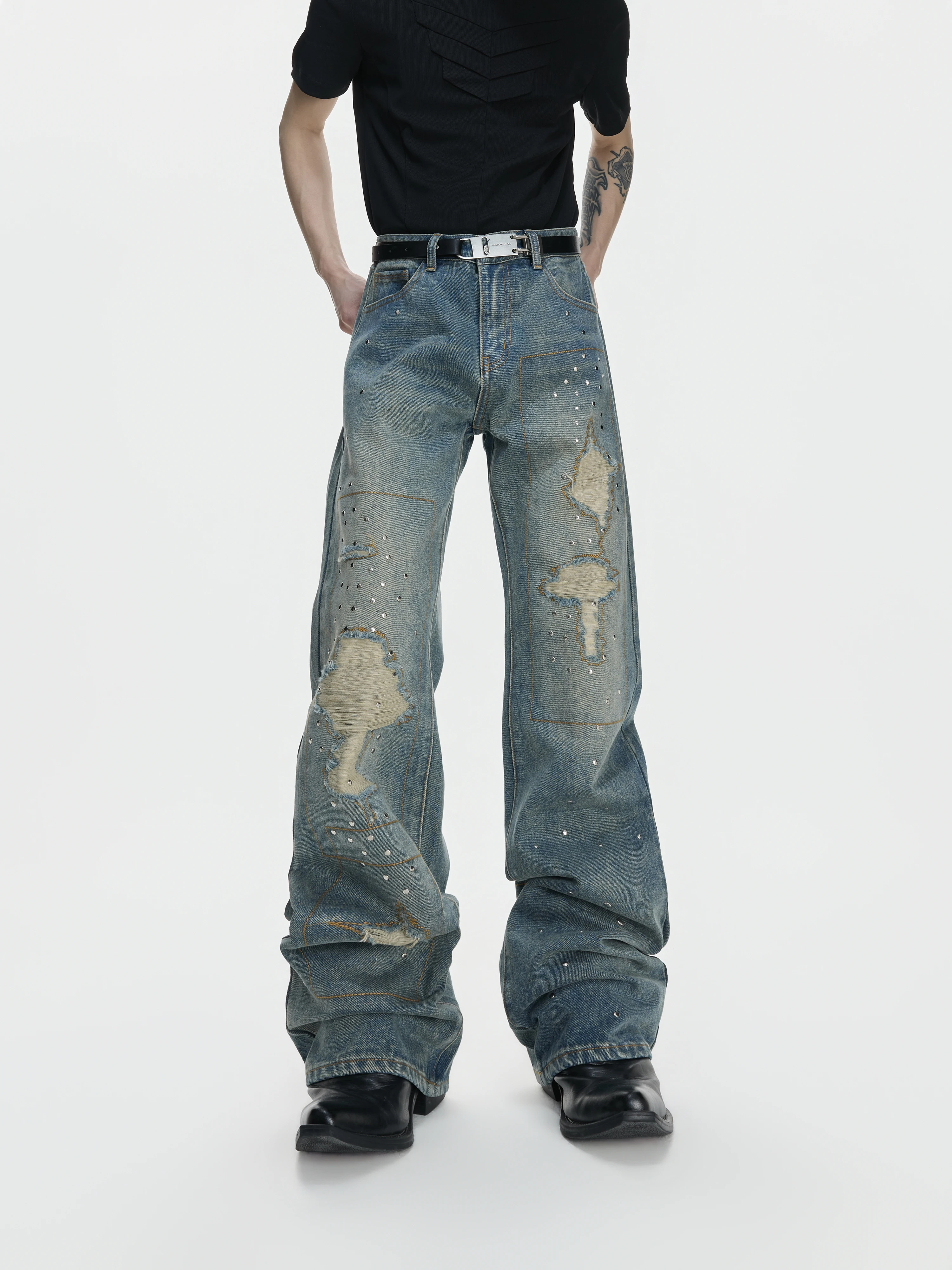 

Argue Hand-Sewn Patchwork High-Waisted Straight-Leg Jeans Vintage Washed Distressed Rivet Hole Design Wide-Leg Denim Pants