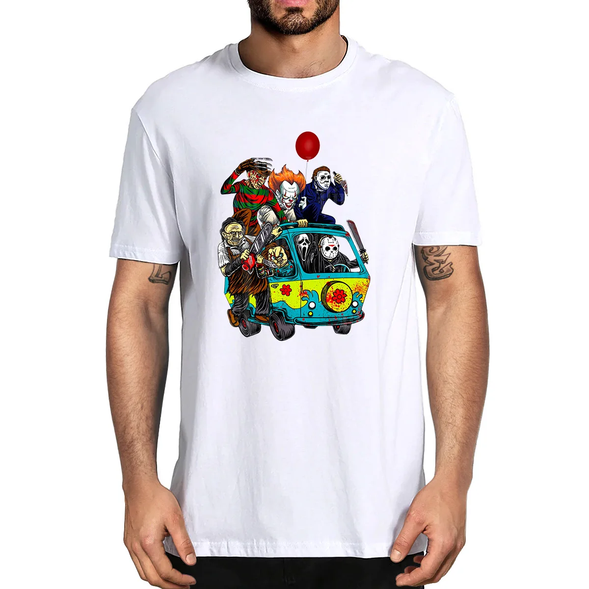 

100% Cotton Horror Friends Van With Clown Retro Scary Movie Michael Myers Jason Halloween Summer Men's Novelty T-Shirt EU Size