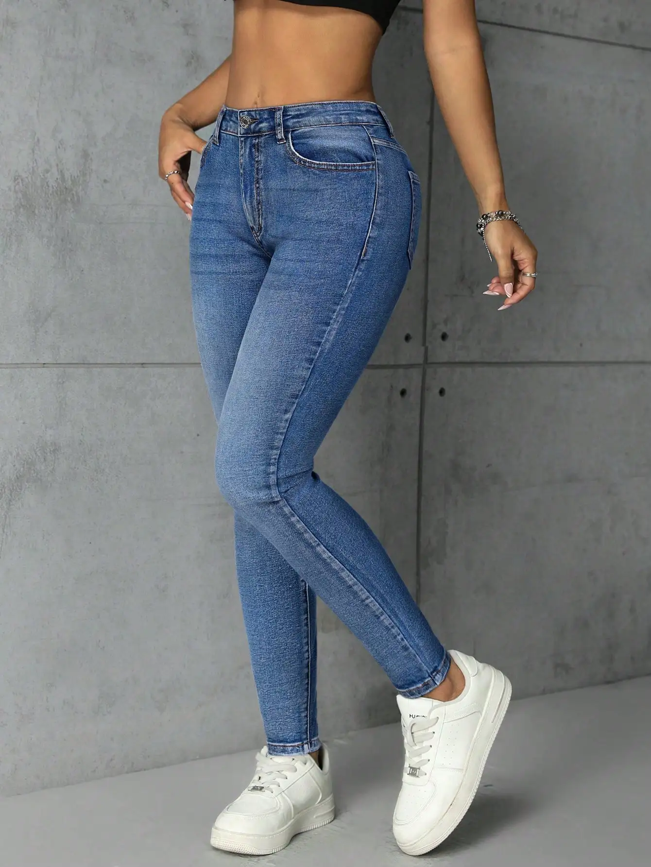 

Women's Mid-Waist Skinny Washed Blue Denim Jeans Casual Y2K Style