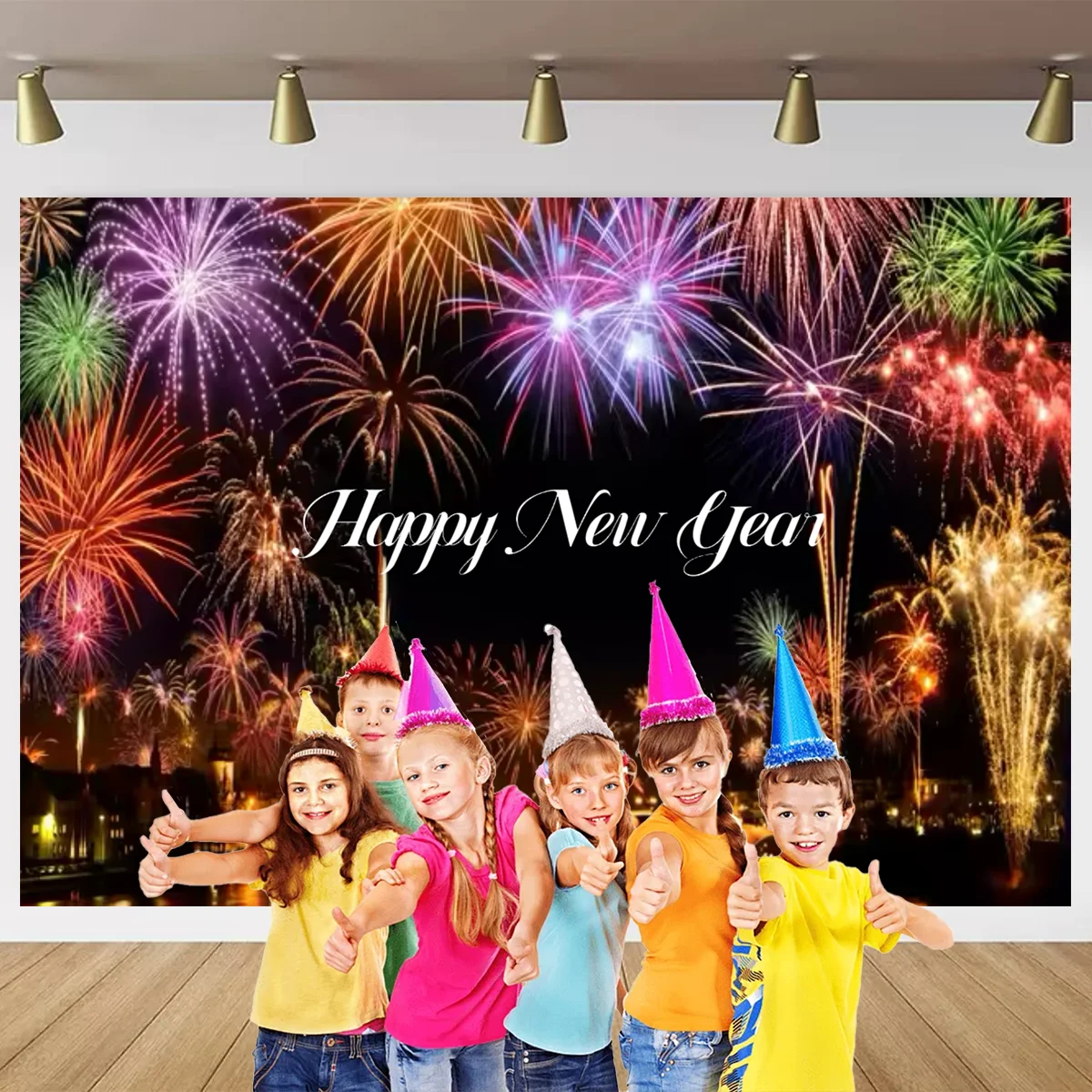 2025 Happy New Year Eve Theme Family Gathering Party Background Fireworks Champagne Golden Balloon Banner Decoration Background