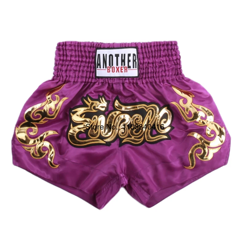 Muay Thai Shorts Satin Gold Embroidery Kickboxing Boxing Trunks Elastic Waist Fight Shorts for Men Women Kids Training Sparring 4