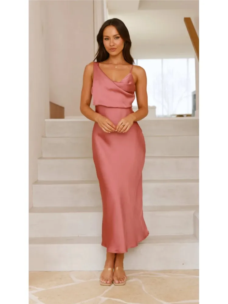 

Summer New Sexy Hot Girl Style Silk Light Suspender Dress Women's Simple Comfortable Casual Macaron Solid Color High Waist Dress