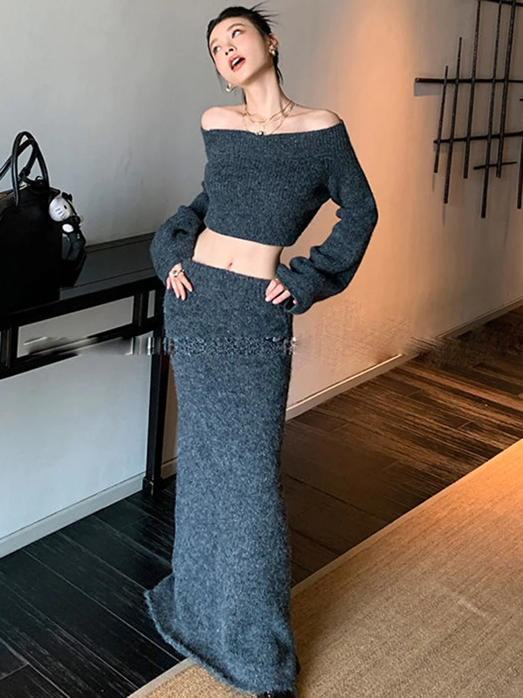 Winter France Vintage Knit 2 Piece Set Women Solid Sexy Elegant Sweater Long Skirt Suit Female Korean Style Casual Clothes