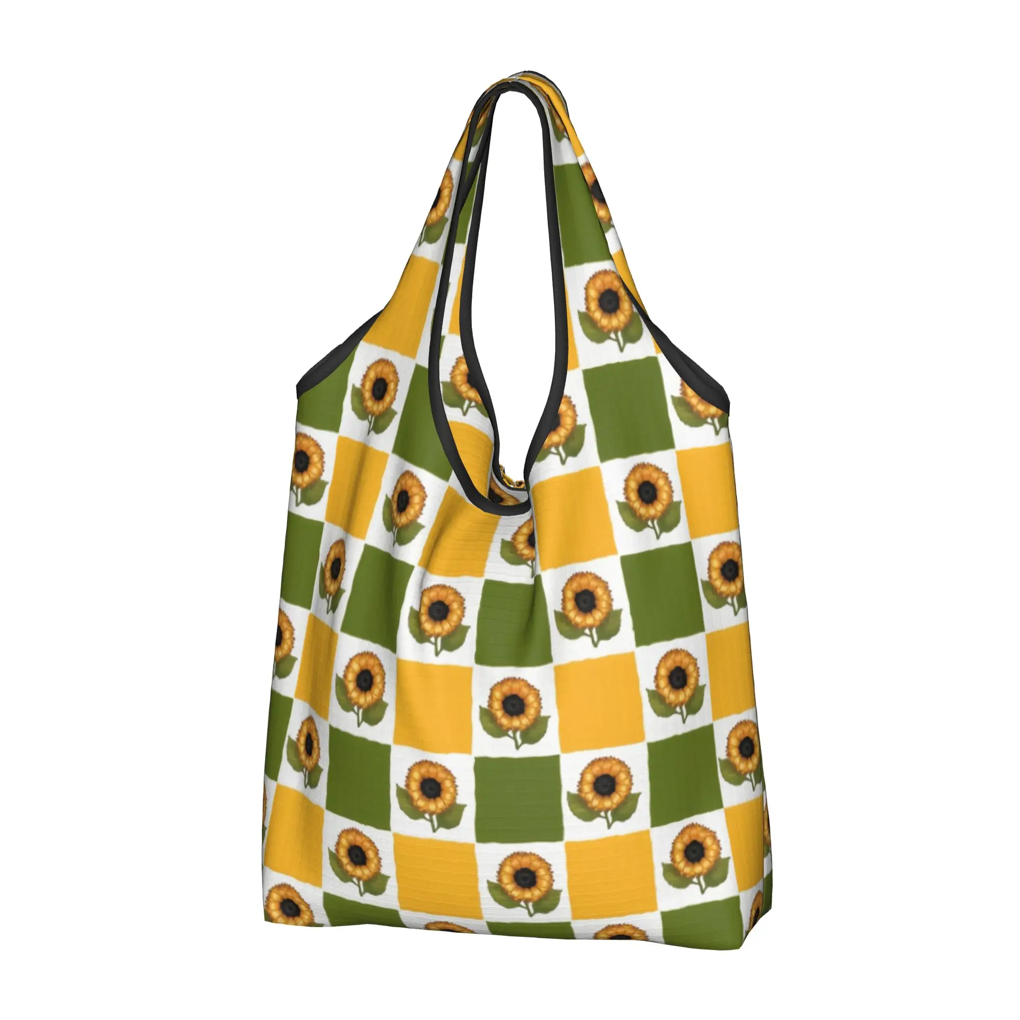 Fashion Print Daisy Sunflowers Checkered Shopping Tote Bag Portable Shoulder Shopper Green and Yellow Handbag