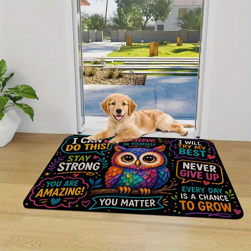 VIKAMA Motivational Owl Floor Mat Colorful Bird Positive Words Pattern Anti‑Slip Washable Doormat For Entryway Porch Home Decor