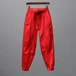 Women Harem Pants Cotton Sweat Pants Elastic Waist Office Lady Loose Casual Trousers with Belt Fashion Ankle Banded Red White