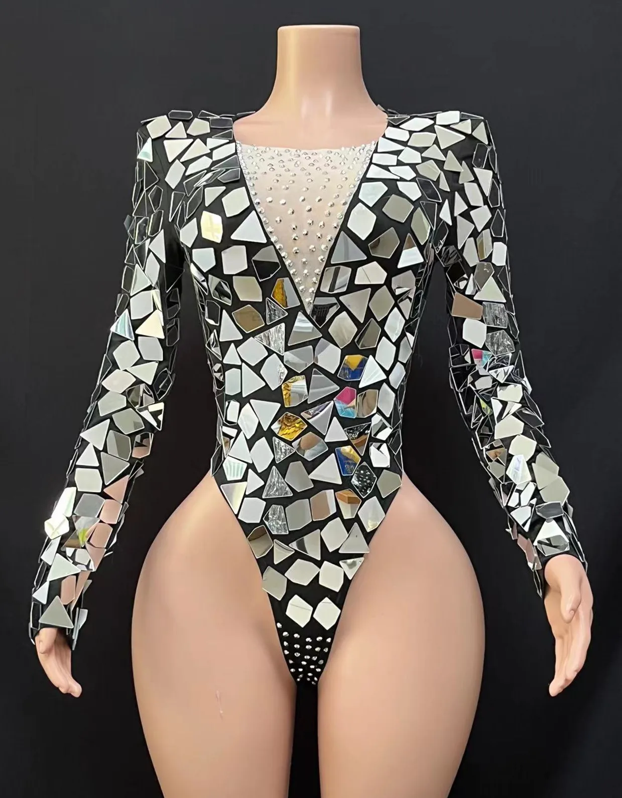 

Sparkly Silver Mirrors Bodysuit Sexy LongSleeves_eotard Gogo Stage Performance BirthdayCelebrate Dance Costume Rave Outfit E008