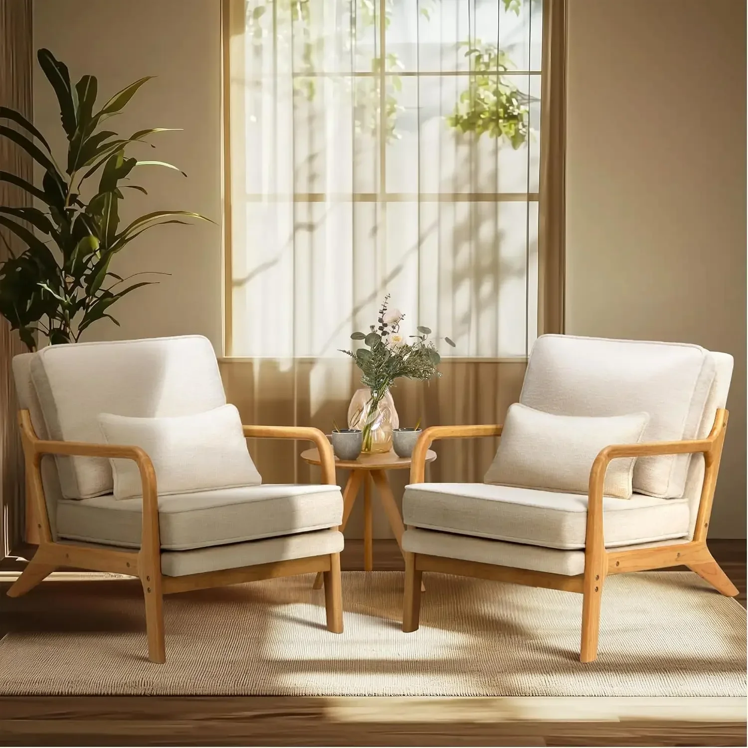 Century Accent Chair Set of 2 with Lumbar Pillow, Relaxing Armchair with Solid Wood Frame & Soft Cushion, Reading Leisure Chair