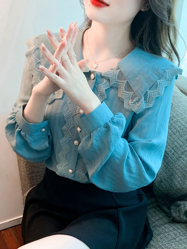 Spring Autumn 2023 Sweet Elegan Peter Pan Collar Single Breasted Women Hollow Out Ruffles Blouses Office Lady Tops