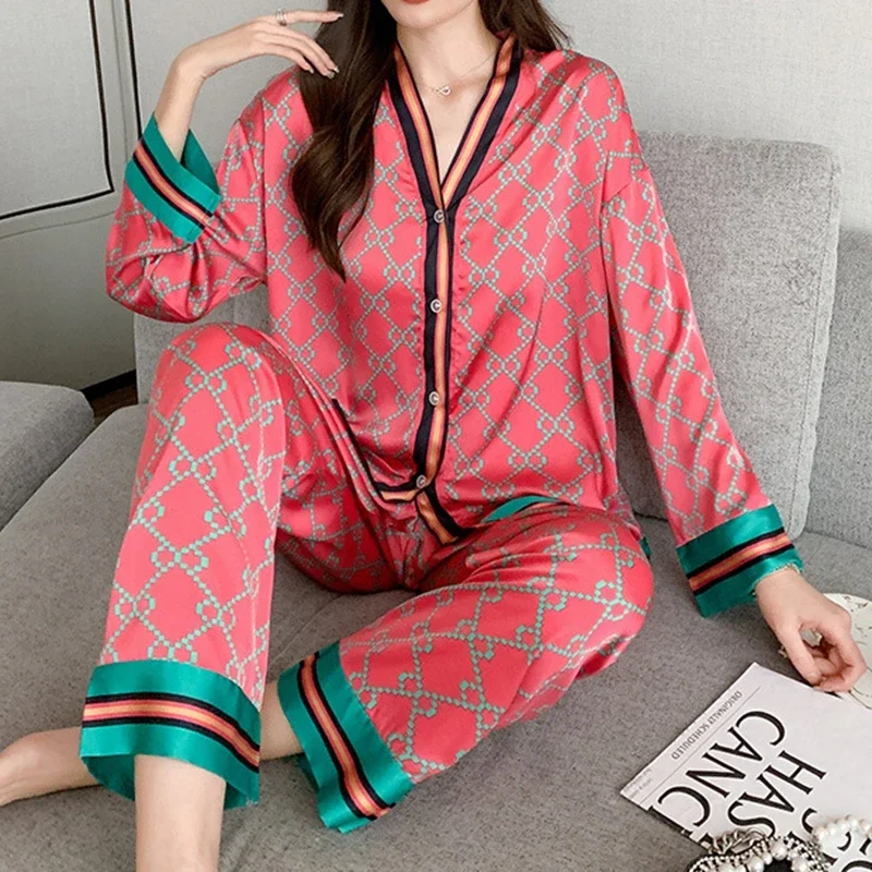 Dames Pyjamas printemps automne fausse soie pyjama ensembles à manches longues Cardigan vêtements de nuit de luxe femmes Pijamas mode Pyjamas