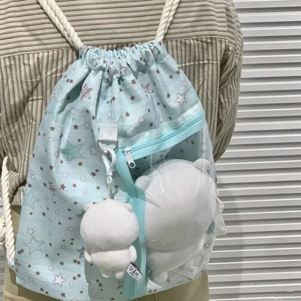

New Stars Drawstring Backpack with Transparent Pocket Sweet School Bag Large Capacity Lightweight Traveling Storage Bag
