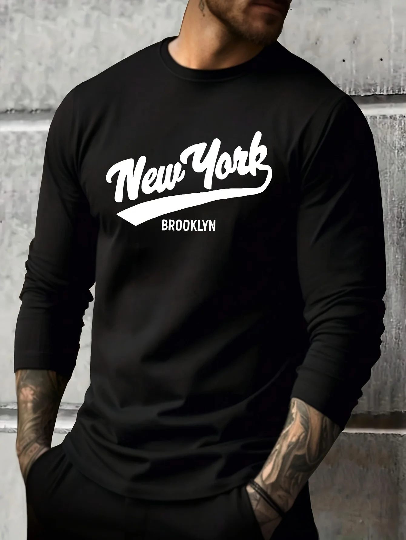 100% Pure Cotton Men's Long Sleeved Round Neck Loose New York Letter Printed Autumn and Winter Casual Versatile T-Shirt Top