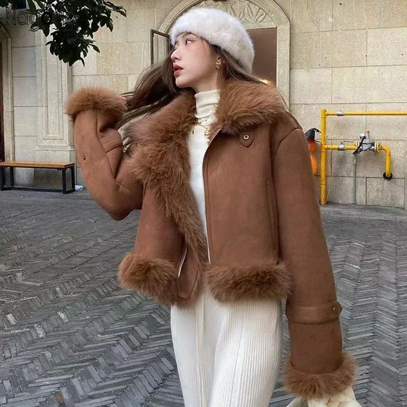 

2024 Winter Coat Women Faux Deerskin Leather Fur Bomber Jacket Streetwear Lapel Short Motorcycle Biker Coats Outwear Mujer Tops