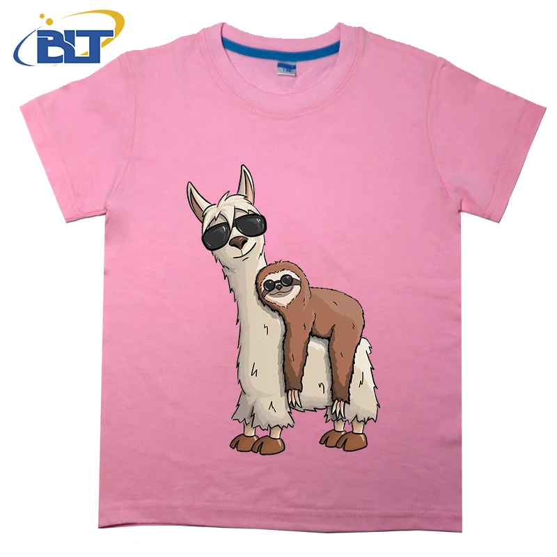 Funky Hipster Sloth Riding Llama with Sunglasses Printed Kids T-shirt Summer Children's Cotton Short Sleeve Casual Tops