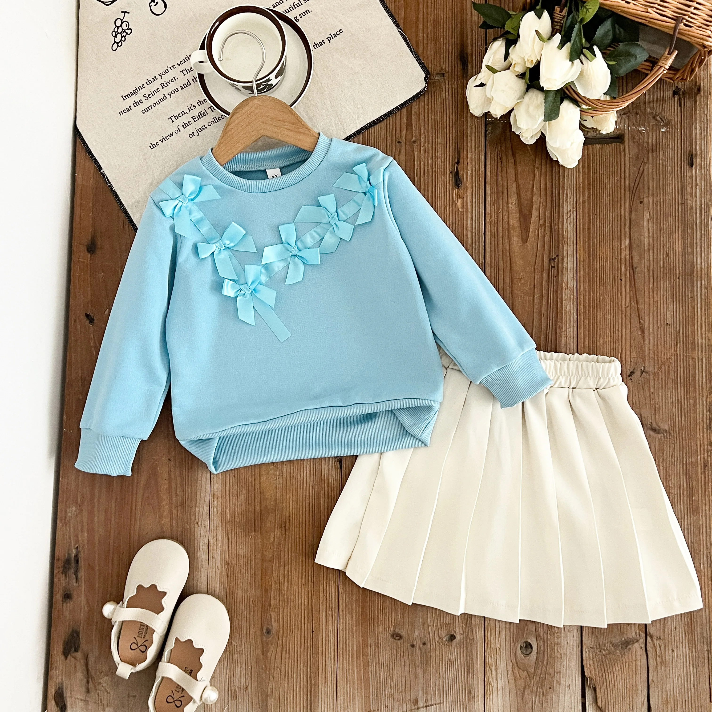 

Humor Bear Girls Set Bow Round Neck Long Sleeved Set Princess Set Pleated Skirt Casual Outfit
