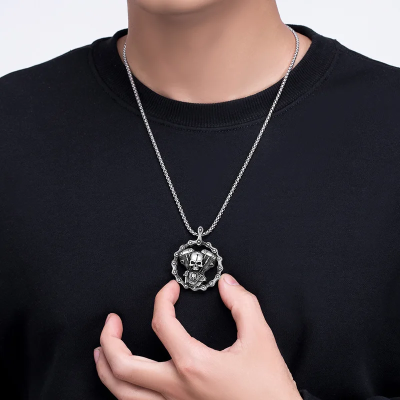 Retro Punk Wind Mechanical Chain Engine Skull Disc Pendant Necklace Men\\\'s Hip Hop Gothic Motorcycle Jewelry Wholesale