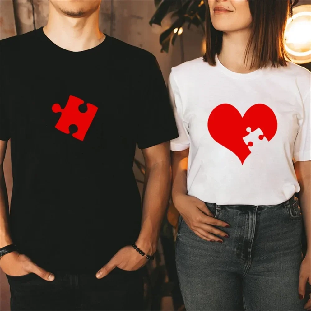 

O Neck Tshirt Fashion Woman Tee Shirt Clothes Red Heart Print Couple T Shirt Lovers Short Sleeve Streetwear Plus Size Tops Tees