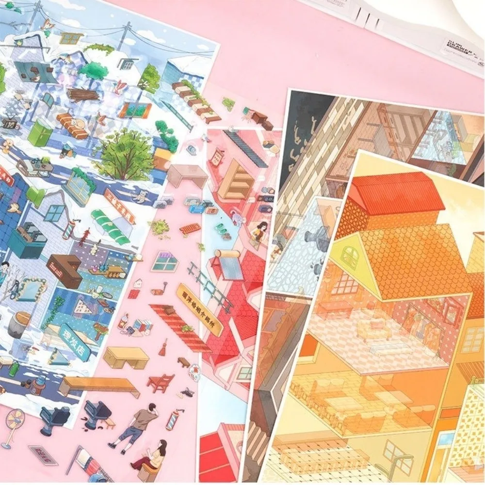 Kawaii DIY 3D Miniature Stickers Handicraft Decor Stacking Cabin Town Stickers Creative Arts Scrapbook Album Decoration