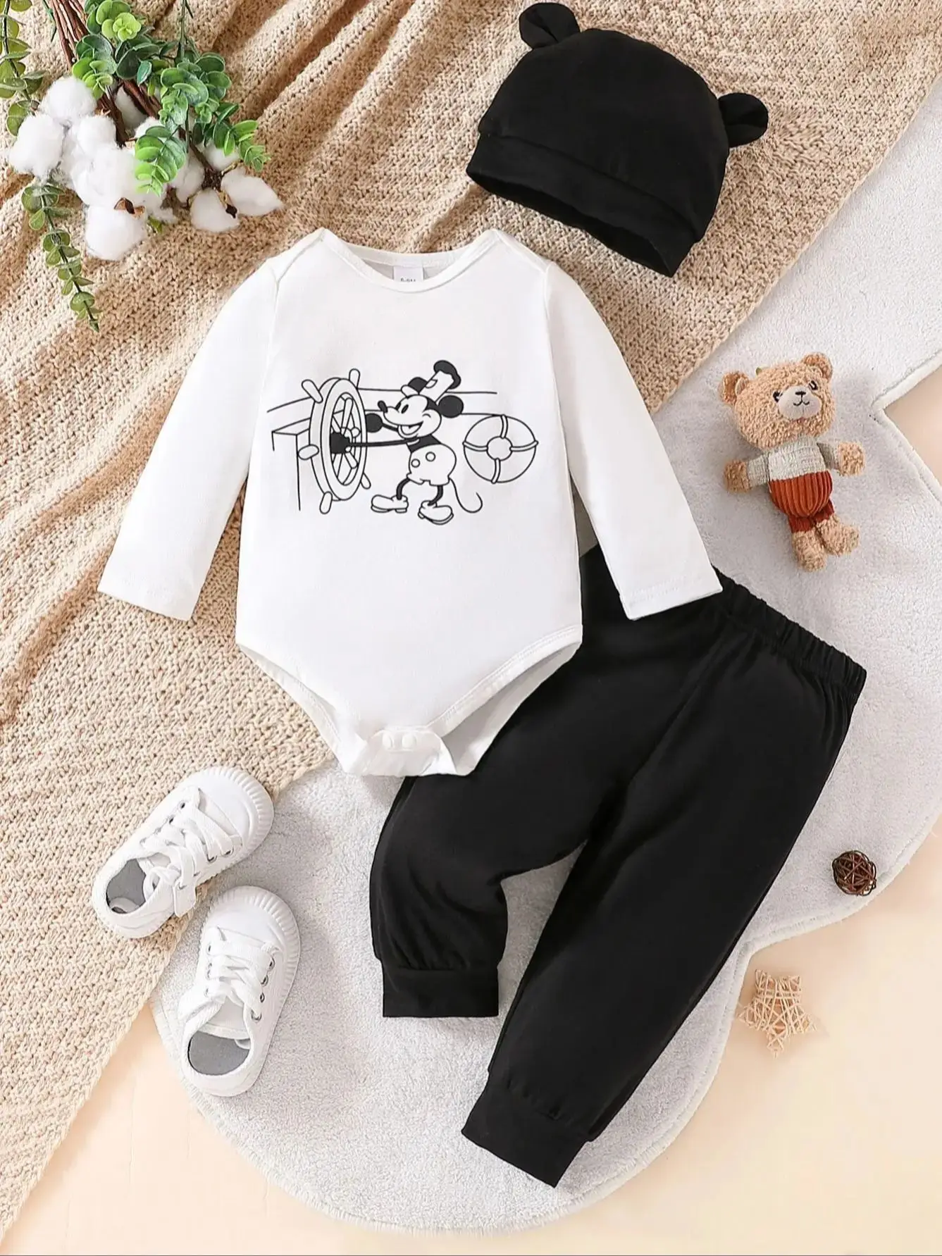 Niedliches Cartoon-bedrucktes zweiteiliges Set für Baby-Jungen, langärmliger Dreieck-Overall mit elastischer Hose für den Herbst – Detail 1