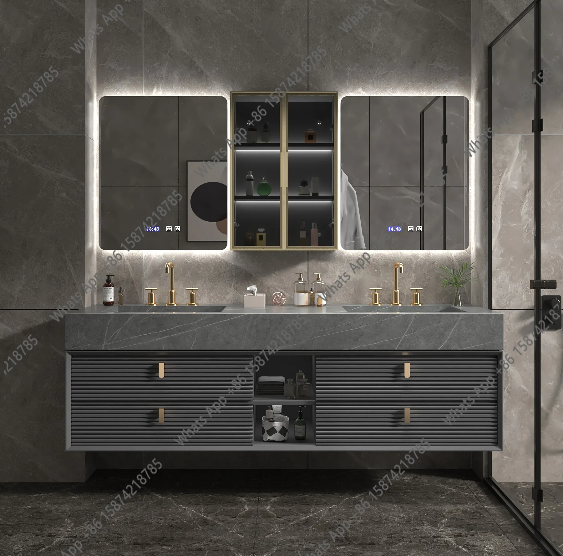 

A Light Luxury Modern Slate Kit Bathroom Mirror Lamp Cabinet Sink Faucet One-piece Double Basin Oak Combination Solid Wood Wash