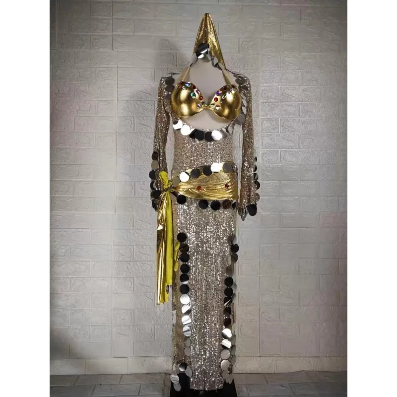 

customized Buling~Sparkling and charming self-cultivation belly dance costumes folk custom, balady robe golden robe