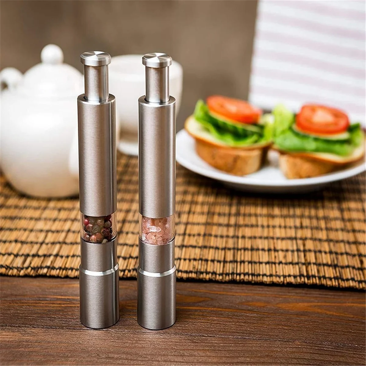 2PCS Manual Salt and Pepper Grinder Set Stainless Steel Push Button Grinder Thumb Grinder for Black Pepper Sea