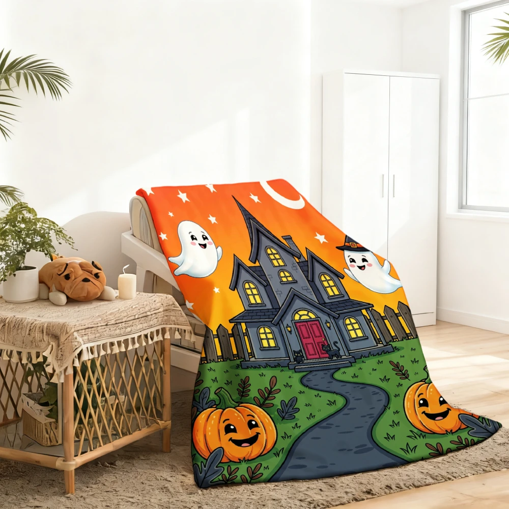 1pc Halloween Haunted House Ghost Pumpkin Print Flannel Blanket Soft Comfortable Warm Bed Cover Autumn Winter Season Home Bedroom Living Room Sofa Decoration Halloween Thanksgiving Christmas Festival Gift