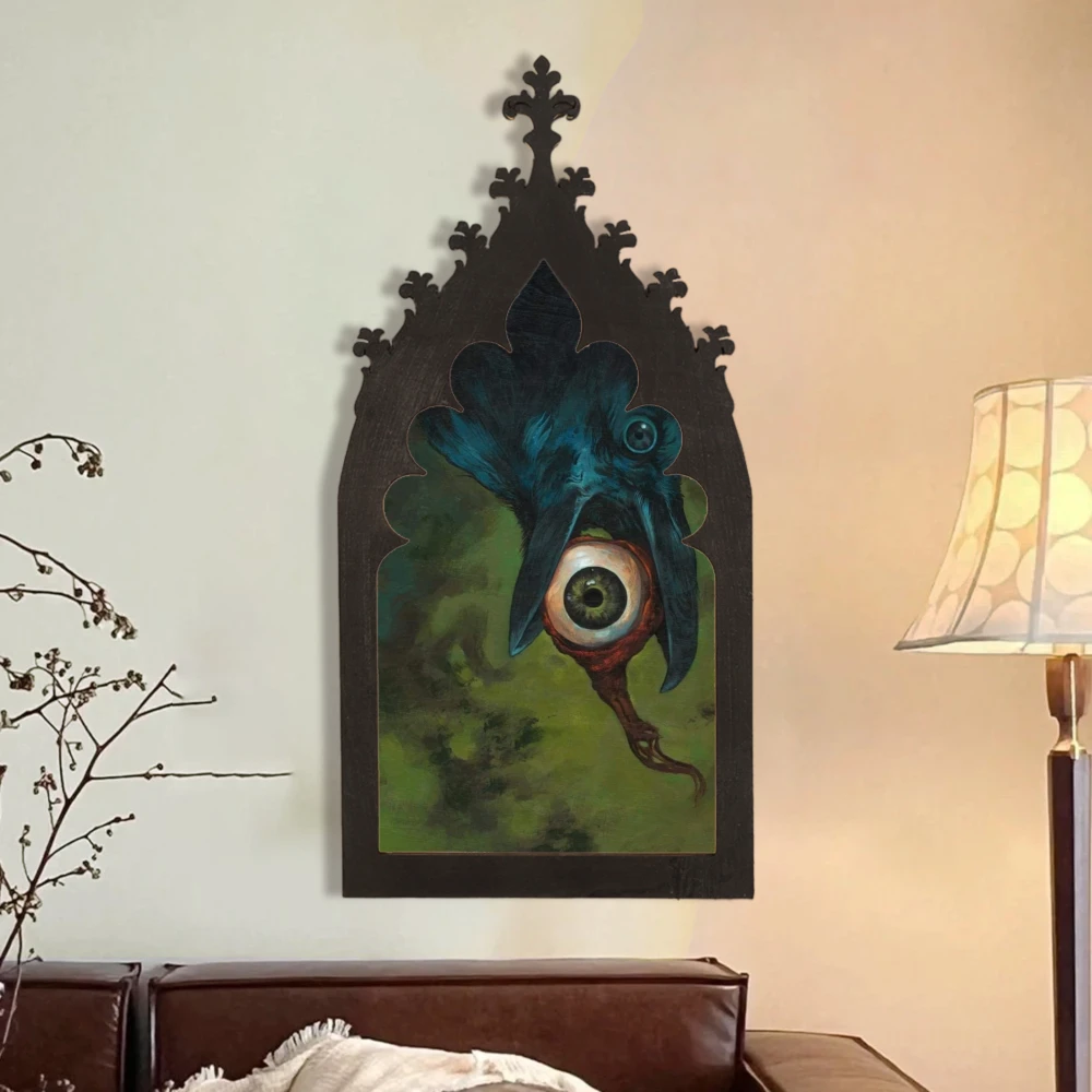 Cross-Border Gothic Church Window-Shaped Dark Crow and Eyeball Wooden Wall Plaque For Dark Retro Home Wall Decoration Scenario