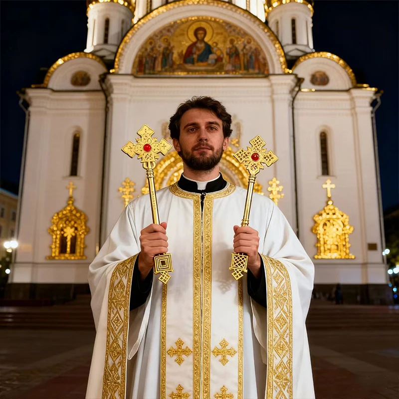 

New Orthodox Cross Christ Statue Religious Prayer Hand Holding Cross Gold Plated Church Home Ornament Exquisite Magic Wand Gift