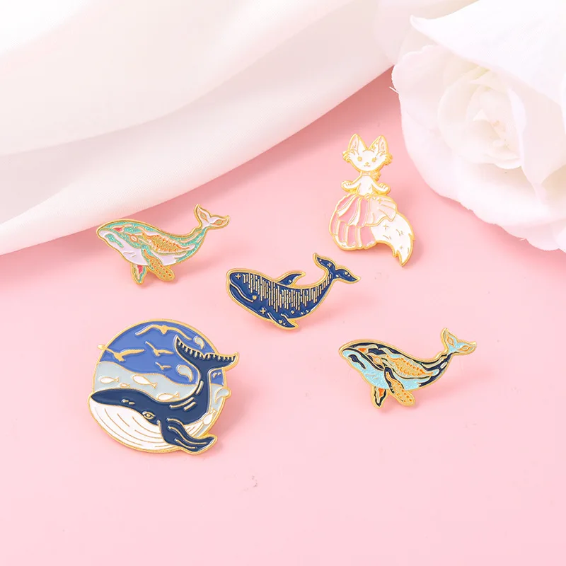 Whale Enamel Pin Dreamy Humpback Whale Brooches Cat Mermaid Aniaml Art Metal Badges Bag Clothes Pins Up Jewelry Gifts