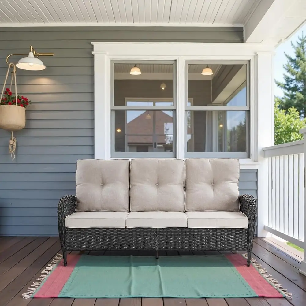 

Outdoor Patio Furniture - Wicker Sofa With Removable Cushion, 3 Seater Rattan Couch With Deep Seat, High Backrest, All-Weather