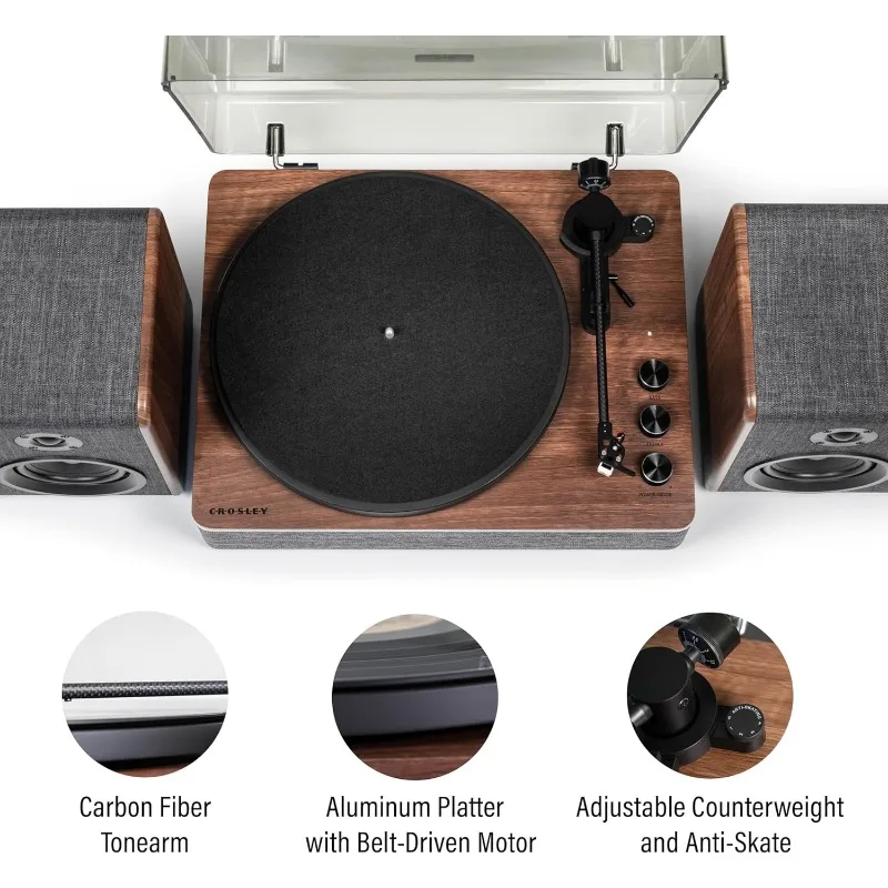 CR7501A-CL Nocturne 2-Speed Bluetooth Record Player Turntable with Matching Stereo Speakers, Charcoal