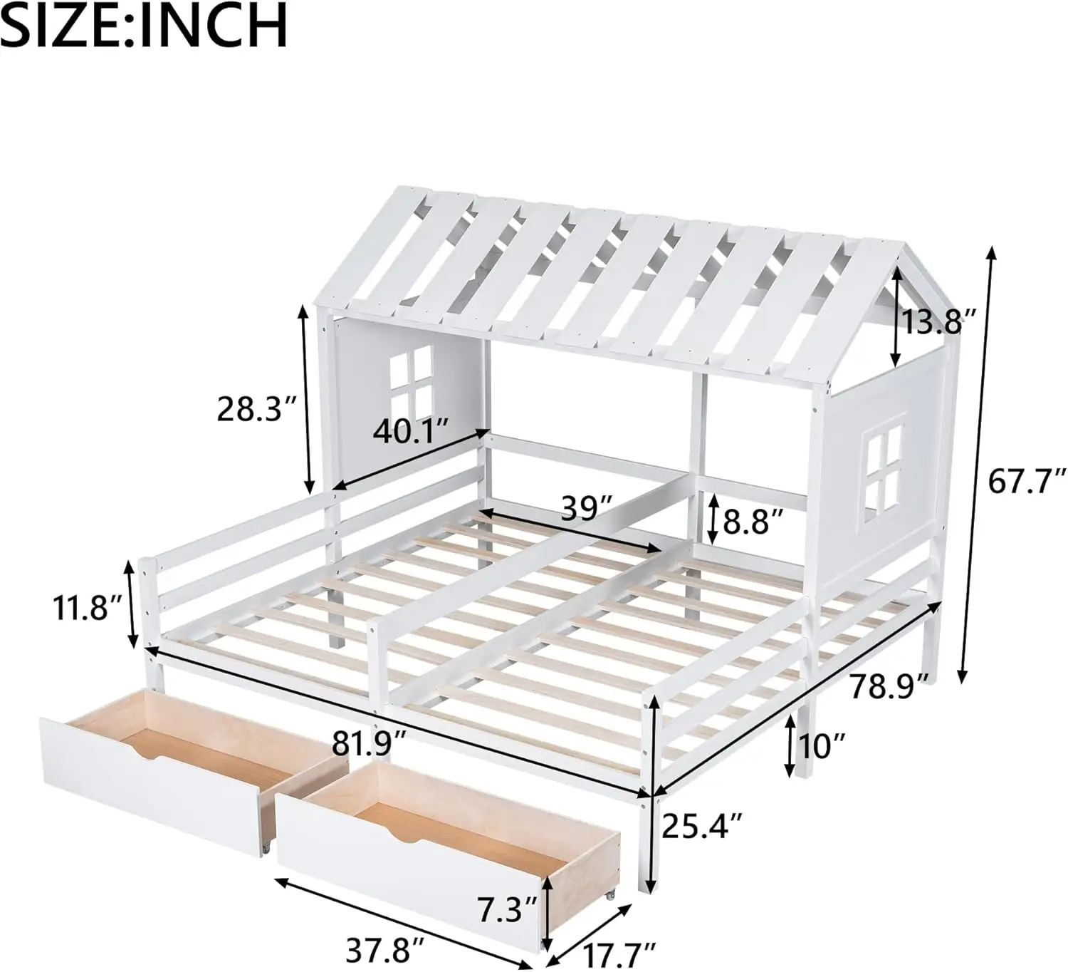 Twin Size House Platform Beds With Two Drawers For Boy And Girl Shared Beds, Combination Of 2 Side By Side Twin Size Beds