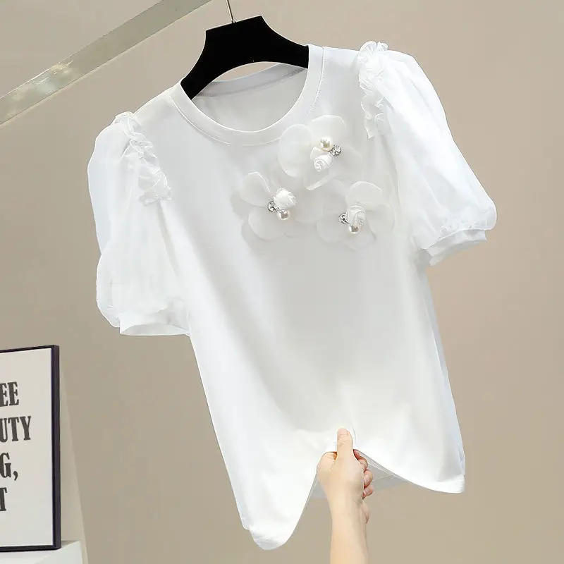 3D Pearl Flower Cotton T-shirt for Women's 2023 Summer New Korean High end Design Sense Top  harajuku