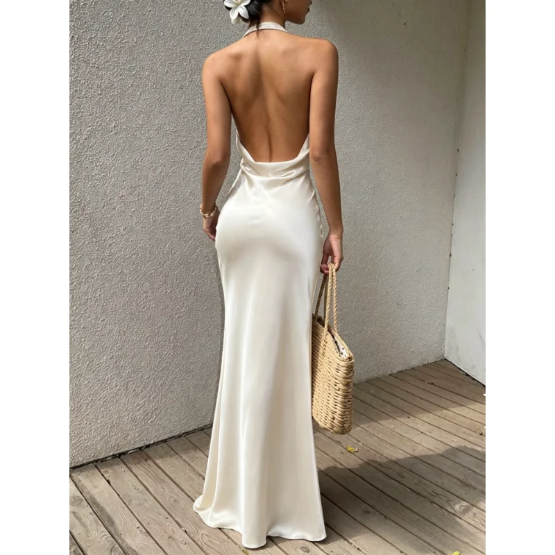 Women Elegant Satin Halter Neck Mermaid Long Dress, Front Waist Gathering Draped Cowl Open Back Slim Bodycon Formal Maxi Gown