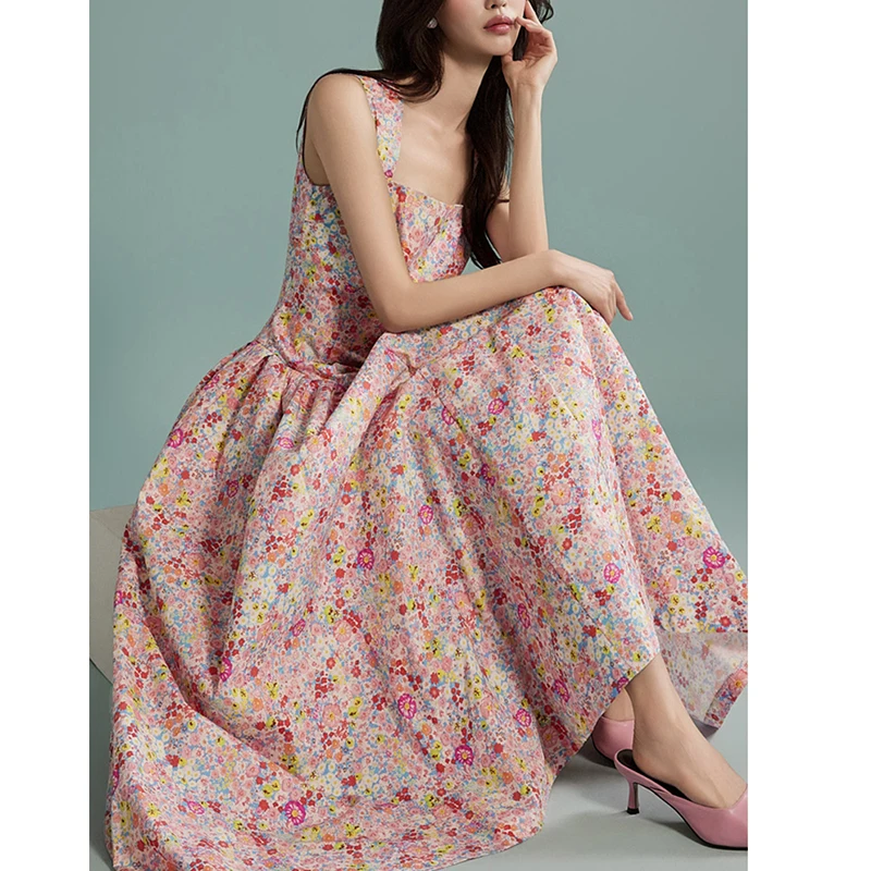 Spaghetti Strap Printed Dress Long Party Flower Dresses Women Korean Fashion Pocket Sleeveless Sling Dress