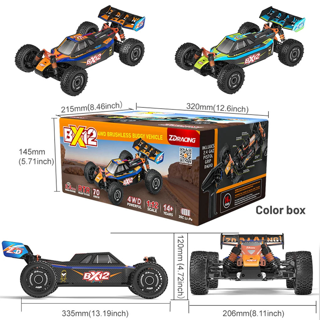 ZD Racing BX-12 1/12e schaal borstelloze buggy 3S RC1/12 Racing off-road advertentie auto natuurrubber band huid blauw