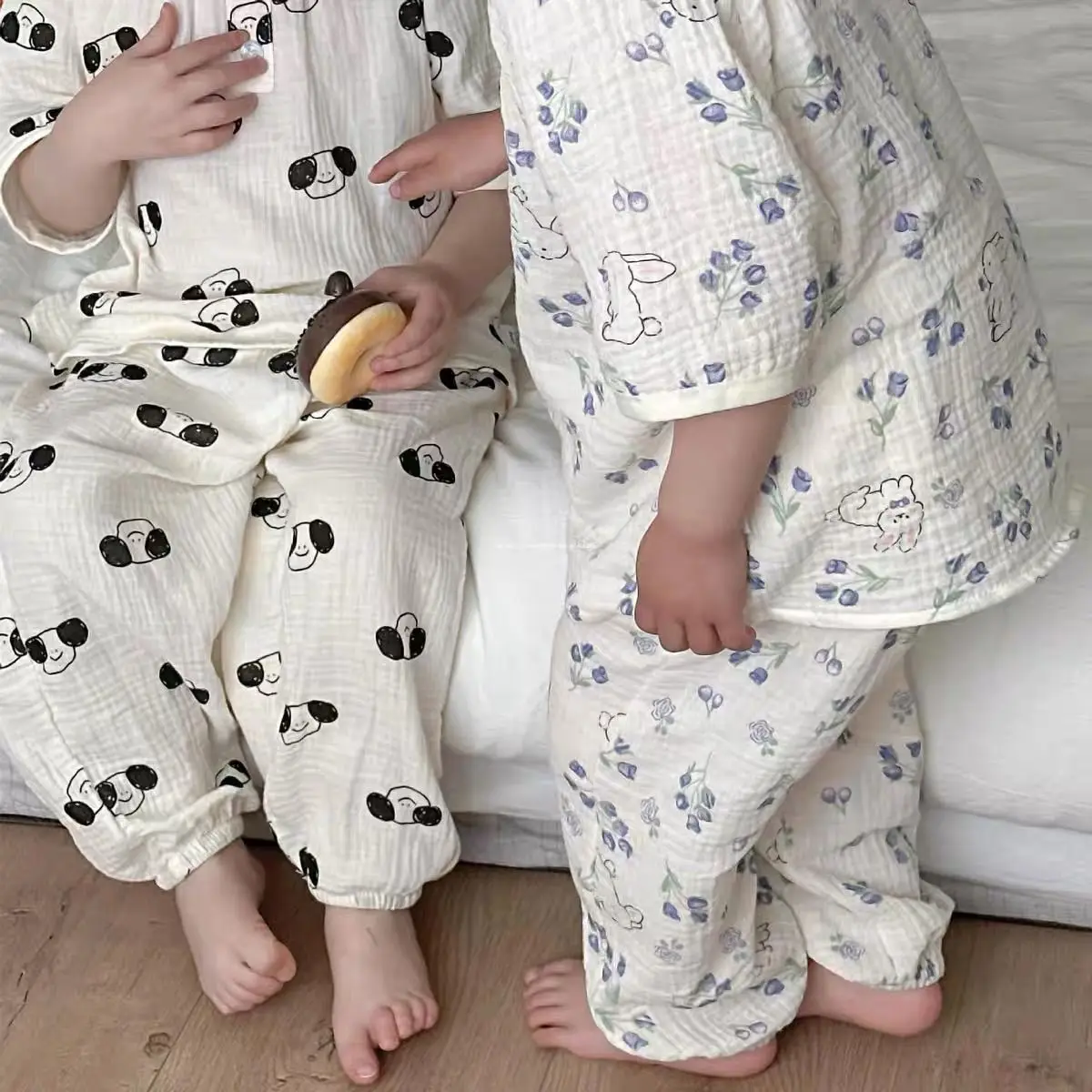 2025 Summer Pajama Sets Children's Sleepwear Summer Cotton Short Sleeved Thin Double-layer Cotton Home Suit Set Air-conditioned