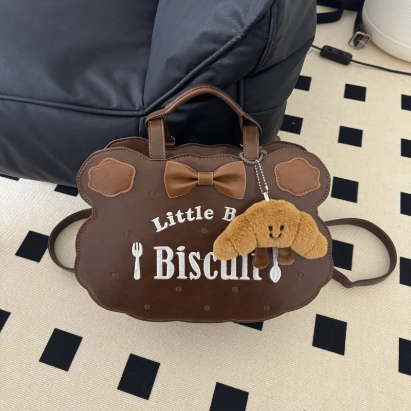 Coffee Brown Cute Biscuit Shape Handbag Kawaii Little Biscuit Embroidery PU Leather Crossbody Shoulder Bag Purse Bow Decor Girls