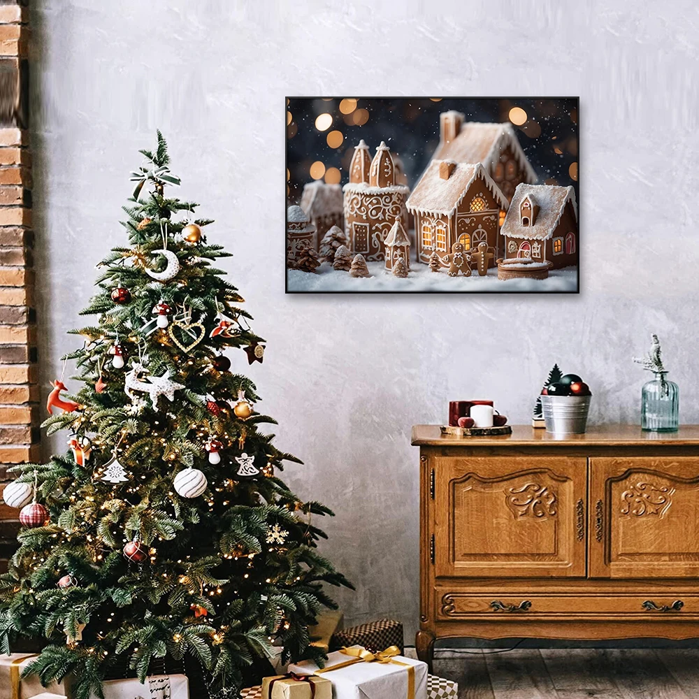 Merry Christmas Decor ศิลปะผ้าใบโปสเตอร์น่ารักการ์ตูน Gingerbread คุกกี้บ้านหมวกคริสต์มาสสําหรับห้องนอนห้องนั่งเล่น Party Deco