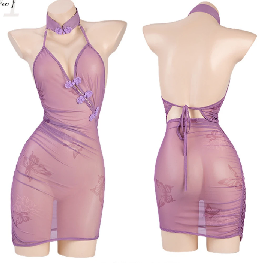 حجم كبير الأرجواني مثير شيونغسام مجموعة الملابس الداخلية إغراء الزي 2025 جديد وصول فليرتي منامة للنساء