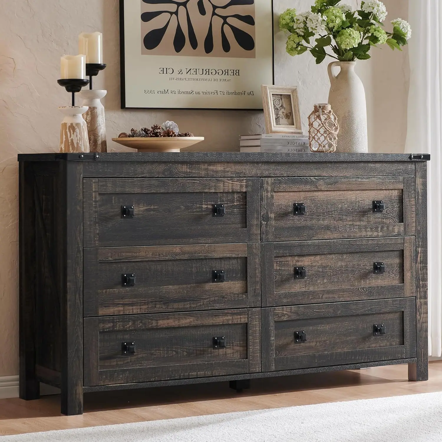 

Farmhouse-style 6-drawer dresser, rustic wooden wide chest of drawers, storage dresser storage rack