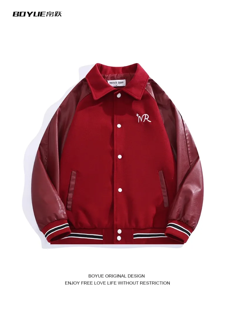 

Juspinice American Fashion Retro Woolen Patchwork Embroidered Jacket Men's Red Trendy Baseball Casual Coat Male Clothing