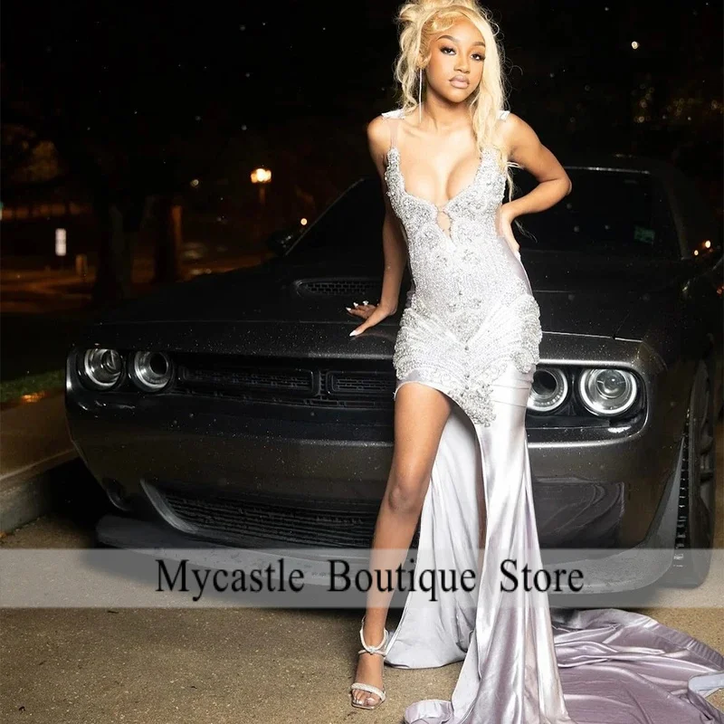 

Luxury Crystal Prom Dresses for Women Satin Mermaid Evening Party Gowns Customized Side Slit Sleeveless Sexy Evening Dresses