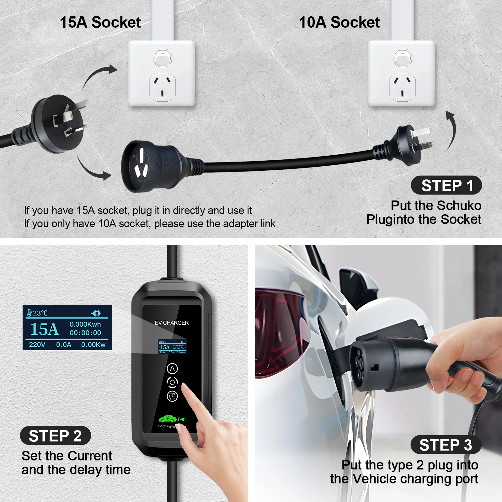GOODCELL Portable EV Charger EVSE Type1/Type2 AU NZ Plug - 6/8/10/13/15A Adjustable, IP66 Waterproof for Electric Vehicle