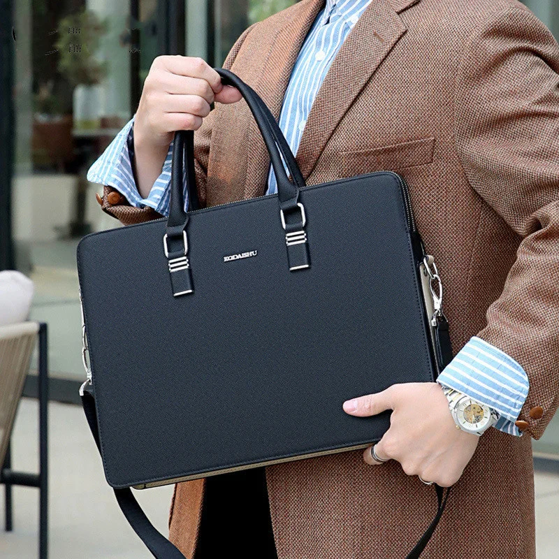 Business Genuine Leather Men's Briefcase Bag 14-Inch Laptop Bag Handbag Large Capacity Male Shoulder Bag for Document