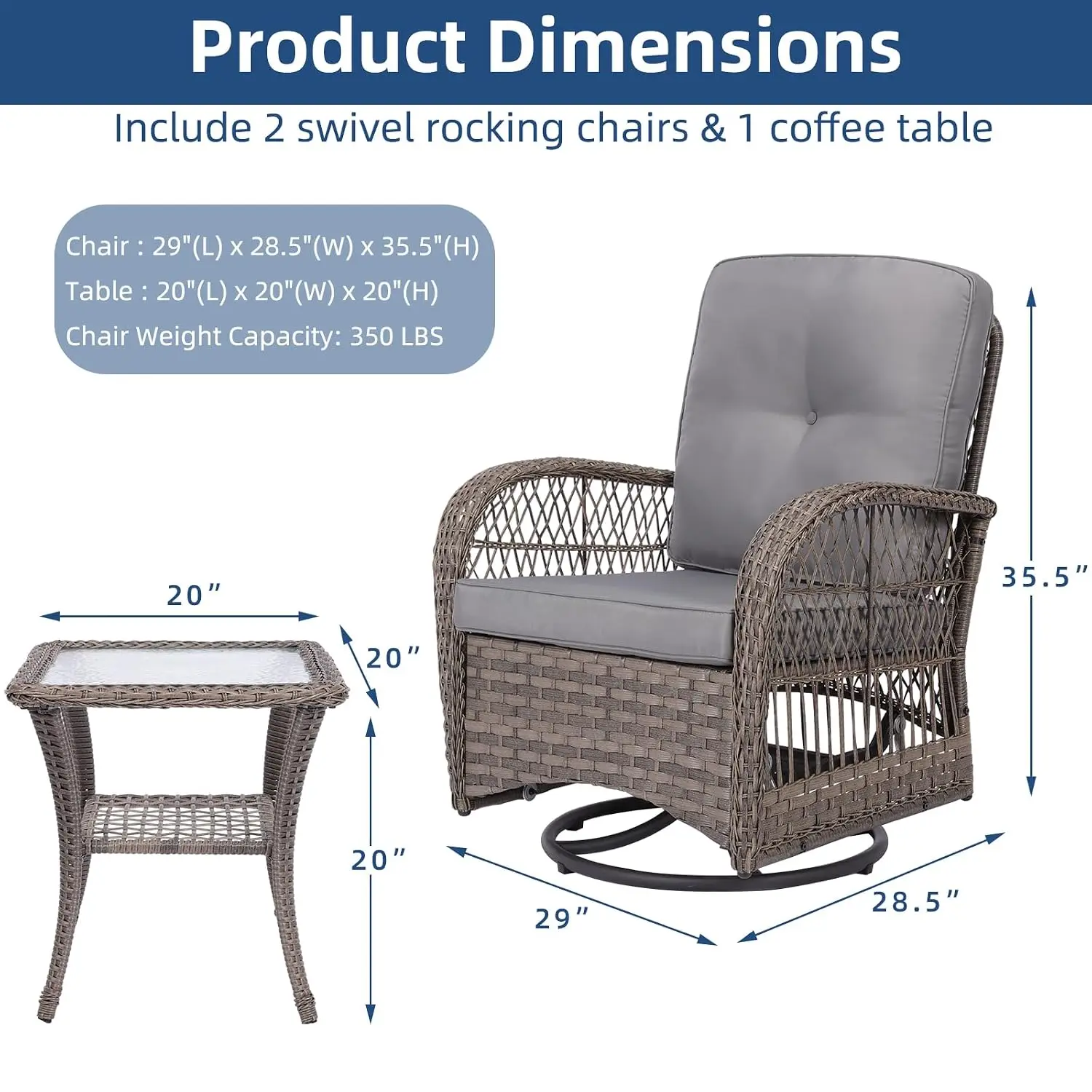 3-Piece Wicker Patio Bistro Set, Rattan Gliding Swivel Chair with Cushion & Glass Table Outdoor Furniture for Garden, Customized