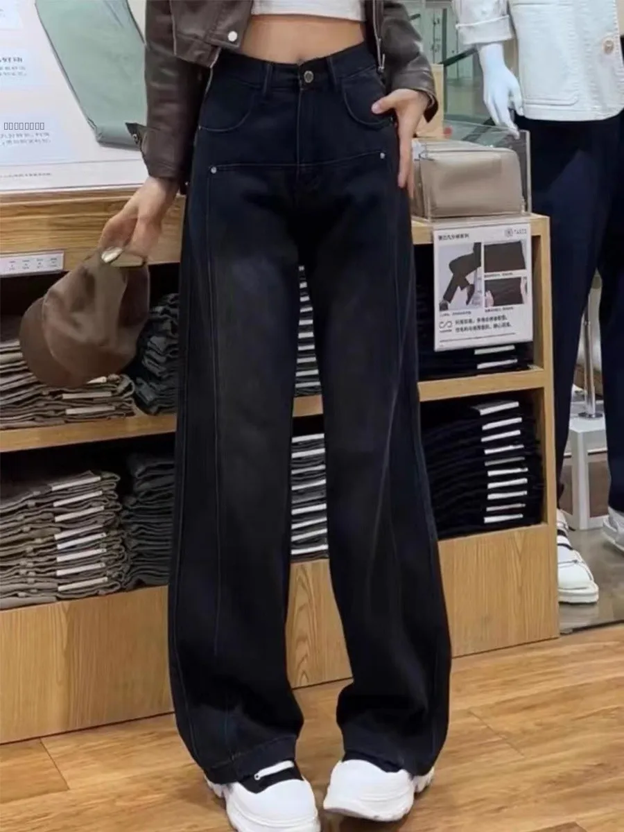 

High Waist Straight Leg Bla Denim Jeans Women's American Sle Spring Autumn plus Size Loose Slimming Floor-Length Trousers