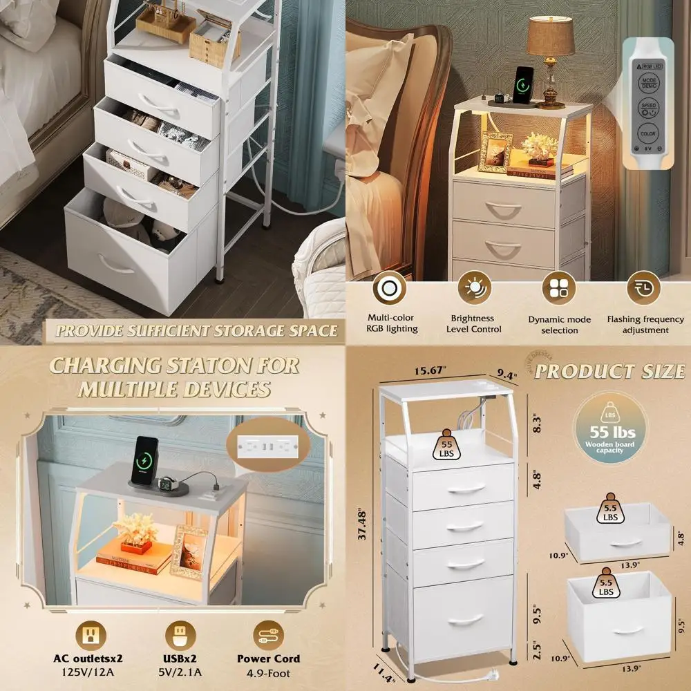 

Современная прикроватная тумбочка со светодиодной подсветкой, 4 ящиками и тканевыми корзинами для спальни, высота 37,48 дюйма