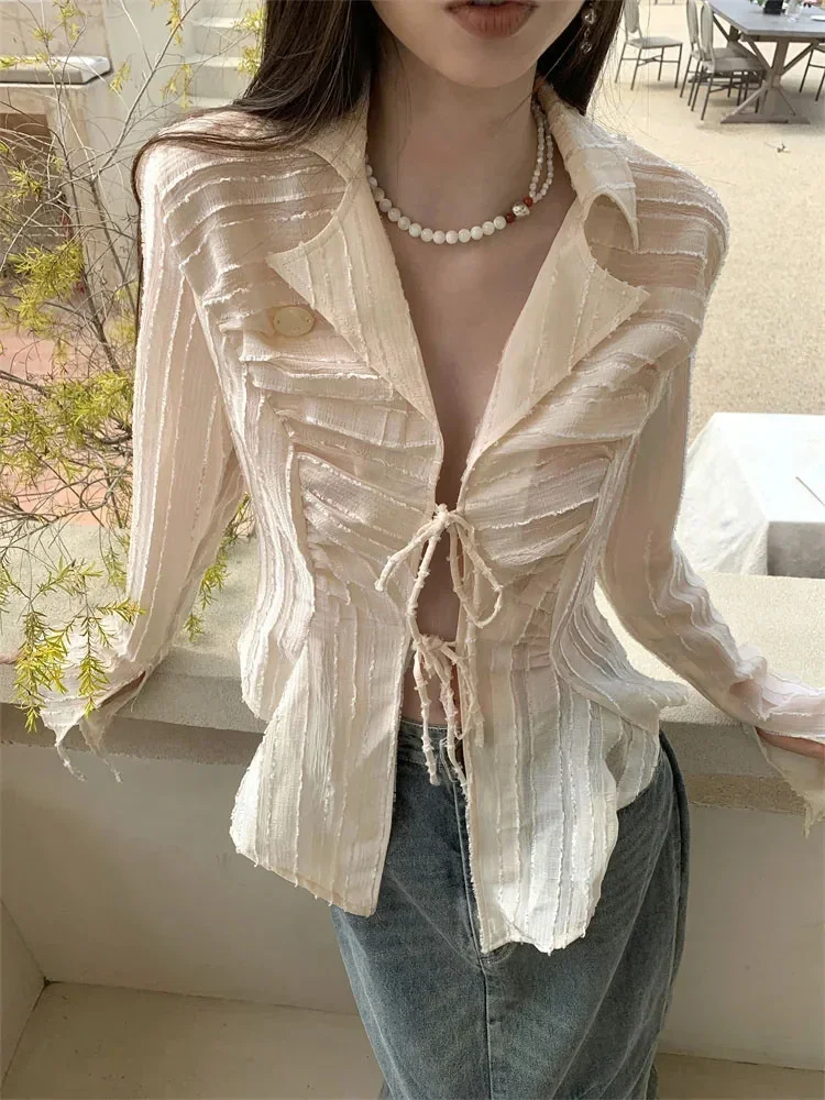 

Spring Korean Fashionable Unique Spicy Girl Lapel Female Shirt Top Solid Color Lace Up Slim Fitting Long Sleeved Women Shirt New